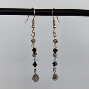 HAND CRAFTED Dazzle EARRINGS Silver & Black Czech Crystal Bi-cones Dangle NWT